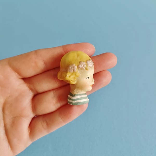 Handmade Doll Brooch Fleur - Green Breton Girl Pin