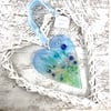 Glass Heart with Delicate Blue & Turquoise Flowers in Wicker Heart on Ribbon