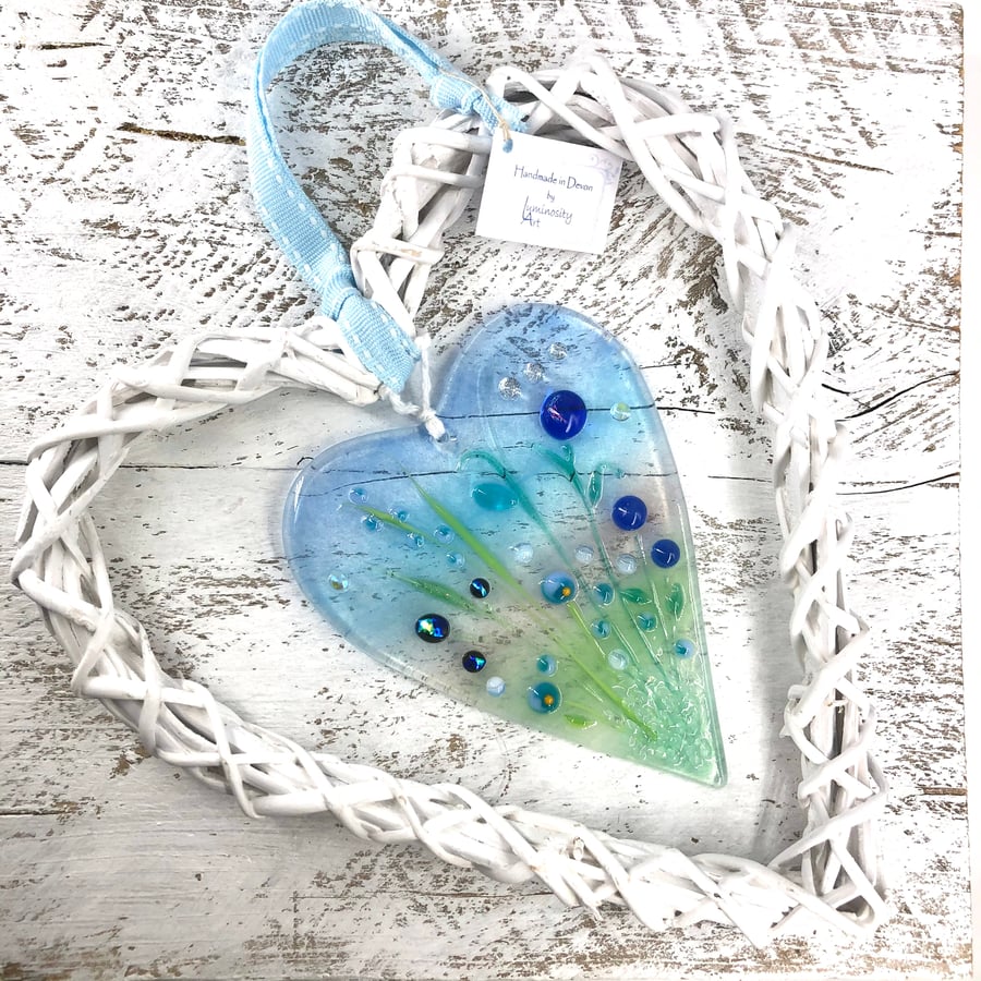 Glass Heart with Delicate Blue & Turquoise Flowers in Wicker Heart on Ribbon