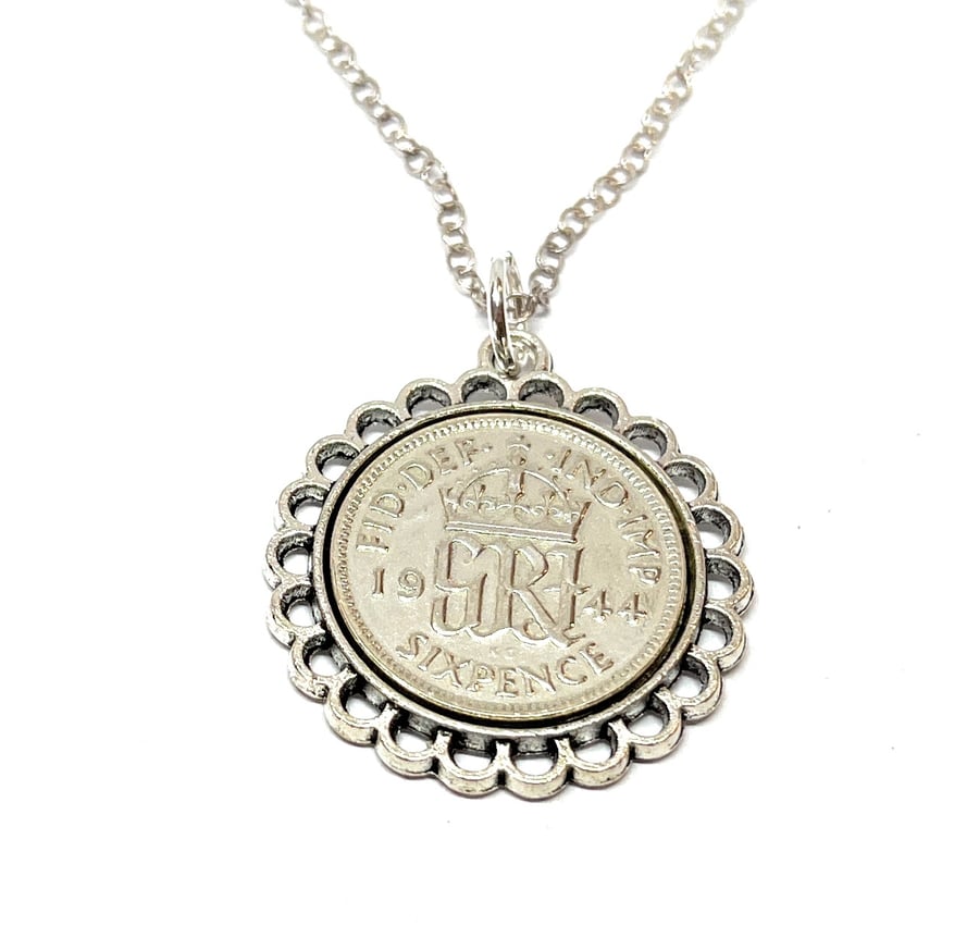 Fine Pendant 1944 Lucky sixpence 80th Birthday plus a Sterling Silver 18in Chain