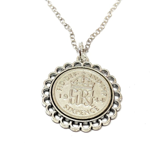 Fine Pendant 1944 Lucky sixpence 80th Birthday plus a Sterling Silver 18in Chain