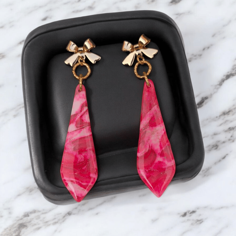 Pink Marble Effect Dangle Handmade polymer clay Earrings 