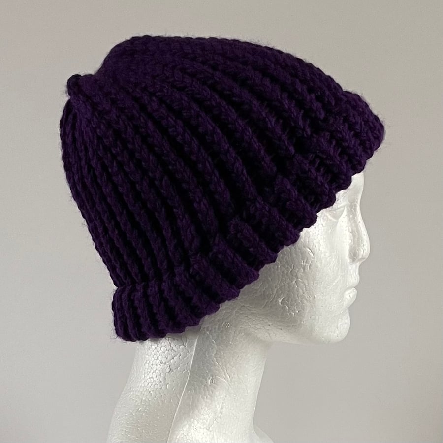 Dark Purple Chunky Hat with a Fixed Brim, perfectly imperfect