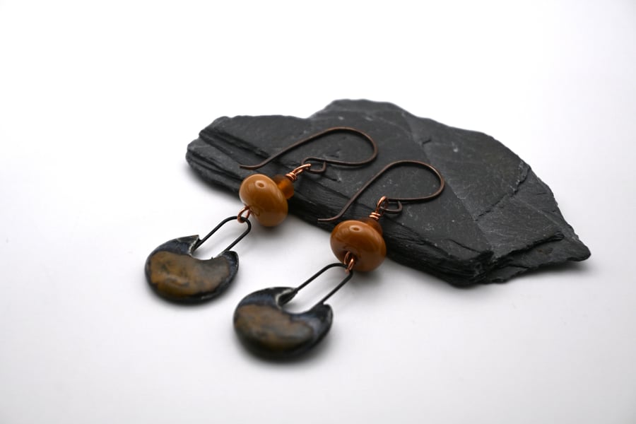 copper, lampwork glass and ceramic earrings