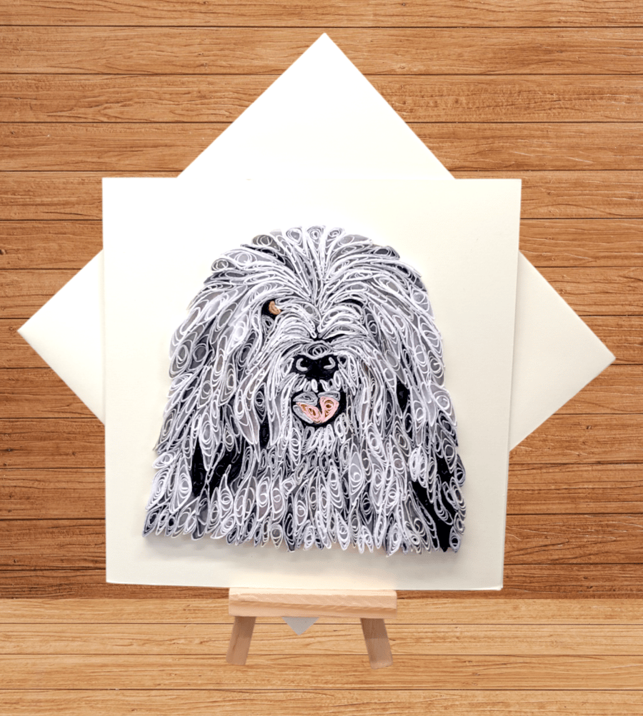 Lovely quilled Old English Sheepdog open greeting card art
