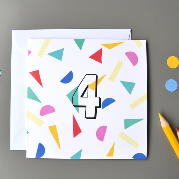 4th Birthday Card, Age Four, Fourth Birthday Card, Confett, Unisex Birthday Card