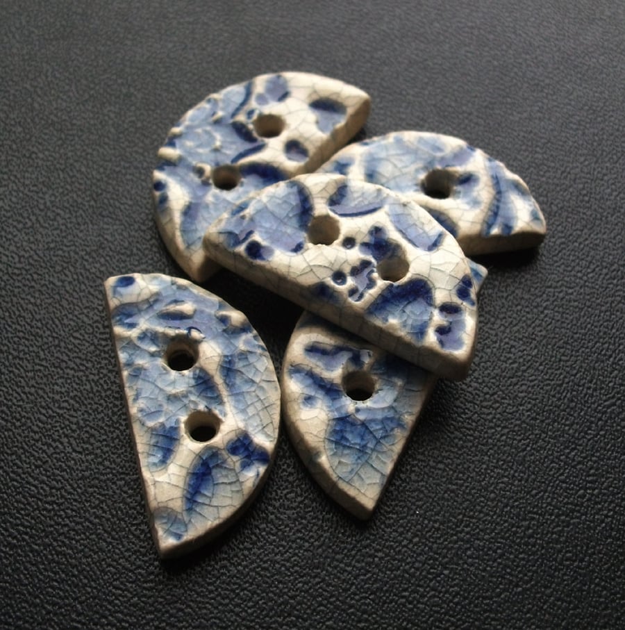 SALE Set of five semi-circular blue ceramic buttons