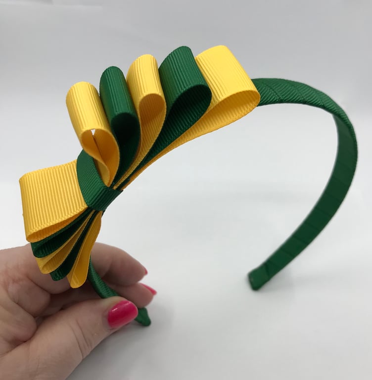 School Forest Green and Yellow Gold Hairband with 5 Layer Two-tone Straight Bow