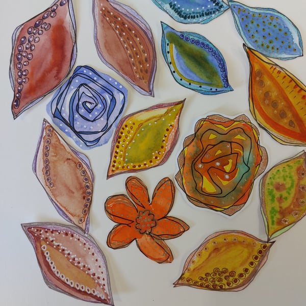 14 Hand painted Flowers and Leaves Card making Junk Journaling Collage