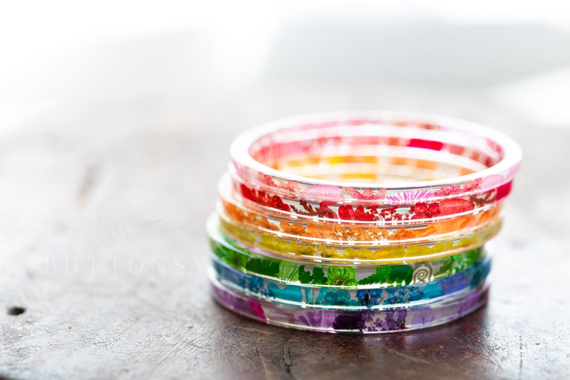 Real Flower Bangle Rainbow Stacking Bangle Set Resin Bangle Stacking Bangles Gif