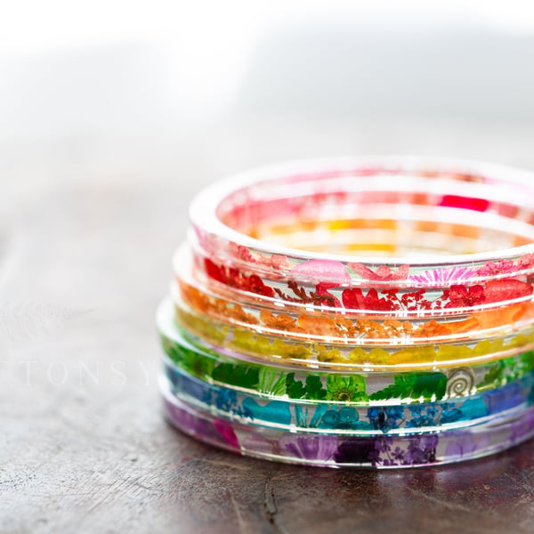 Real Flower Bangle Rainbow Stacking Bangle Set Resin Bangle Stacking Bangles Gif