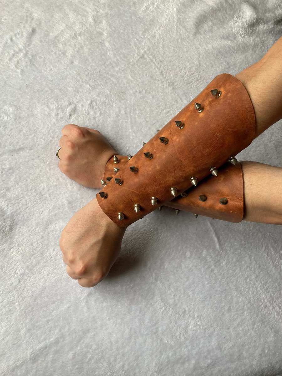 Distressed Brown Leather Bracers with Spikes (Large Pair) 