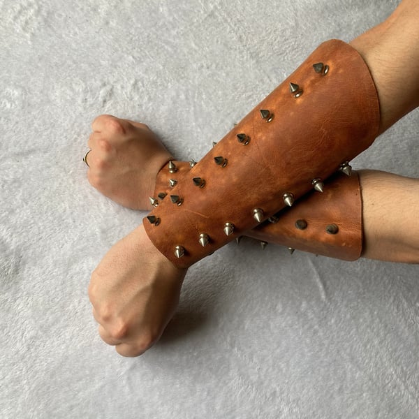 Distressed Brown Leather Bracers with Spikes (Large Pair) 