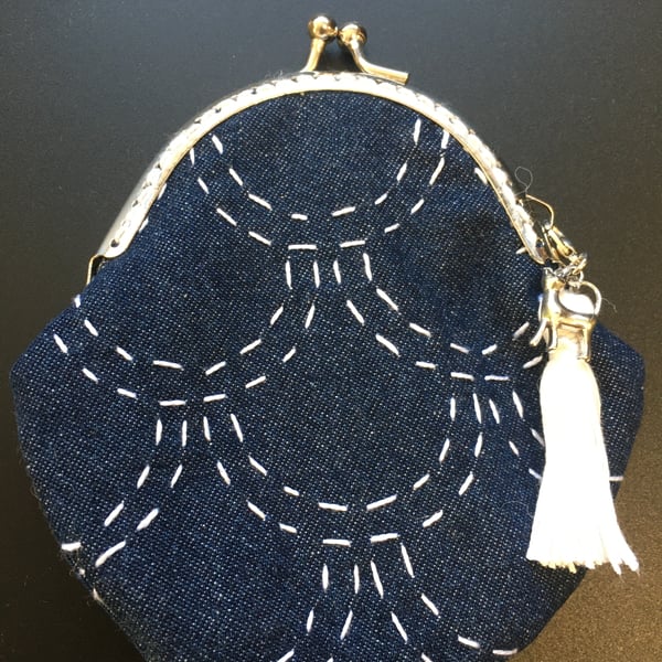 Kiss clasp purse with shashiko style embroidery on blue denim upcycle