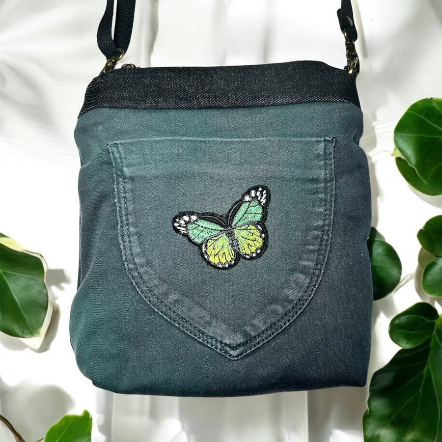 Upcycled green denim bag with butterfly motif