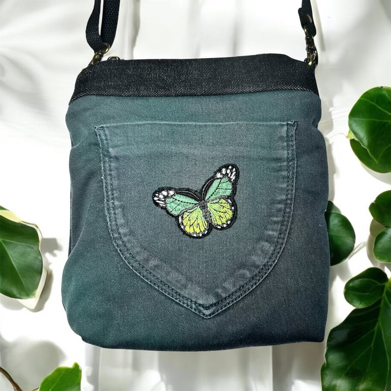Upcycled green denim bag with butterfly motif