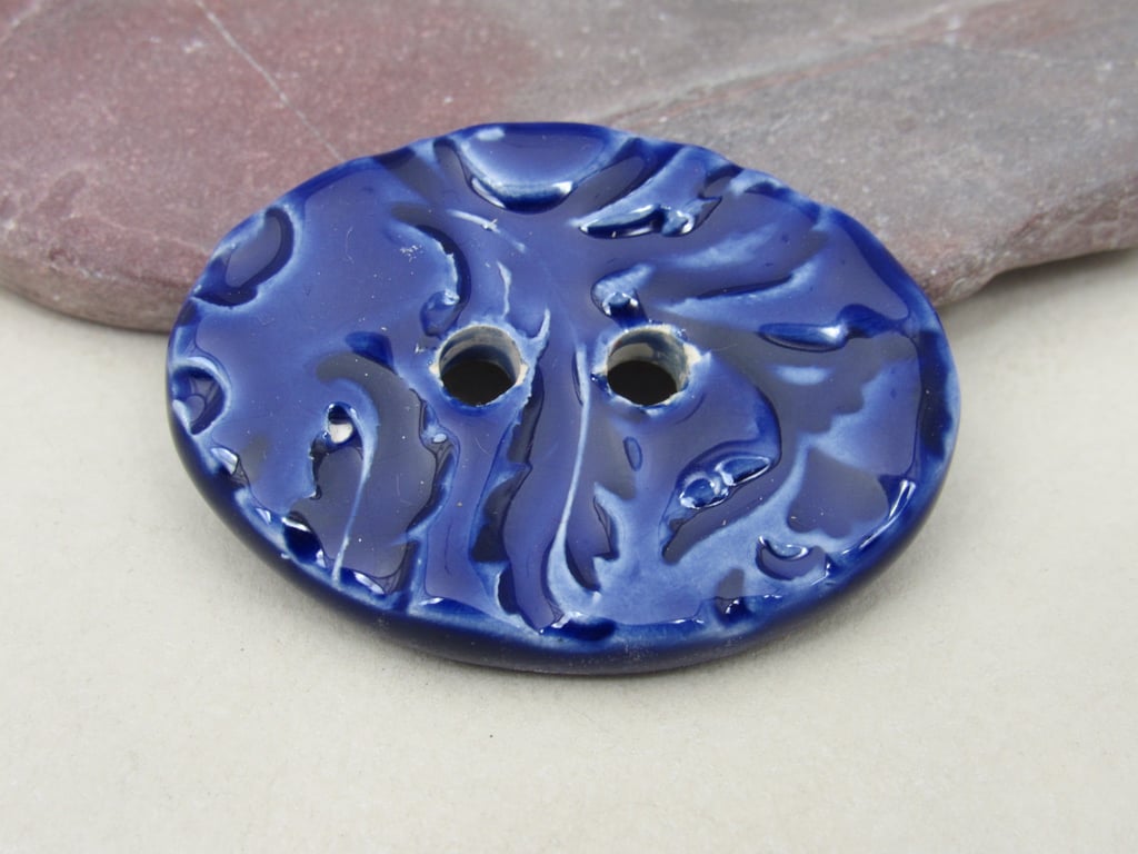 Large Cobalt Blue Brocade Oval Handmade Ceramic Button
