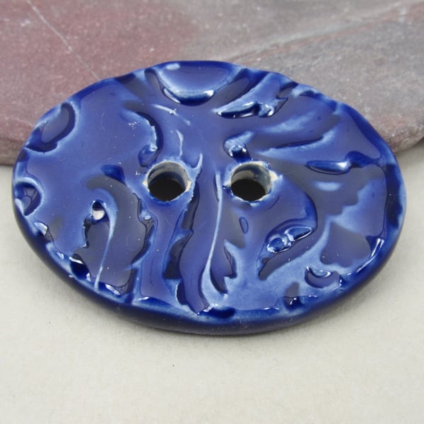 Large Cobalt Blue Brocade Oval Handmade Ceramic Button