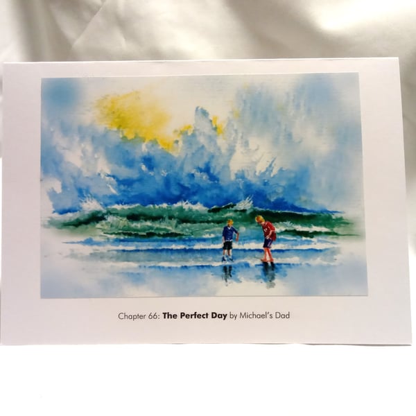 original hand painted print of children on a Cornwall Beach Greeting Card