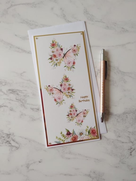 Happy Birthday Floral Butterflies Luxury Handmade Card