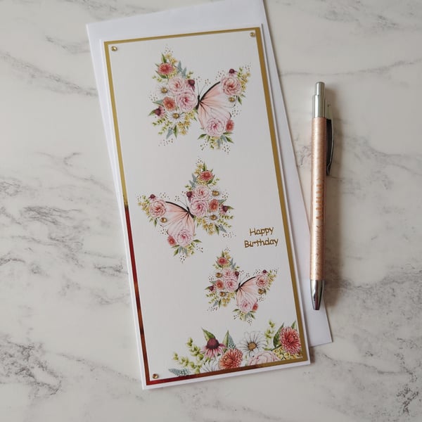 Happy Birthday Floral Butterflies Luxury Handmade Card