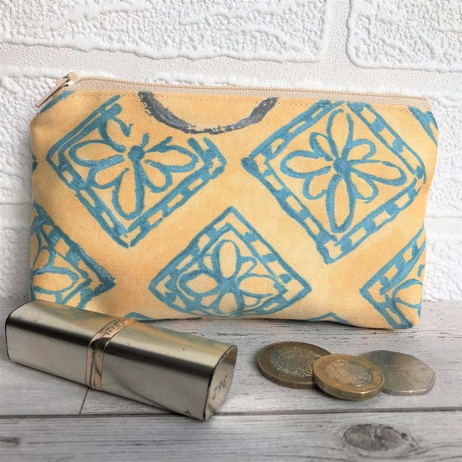 SALE, Large purse, coin purse in golden yellow with turquoise flower pattern