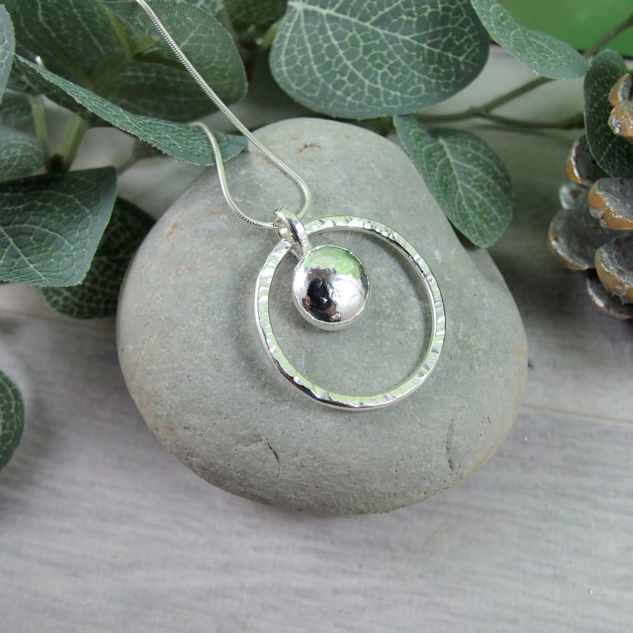 Silver Nugget & Circle Pendant, Recycled Silver Necklace
