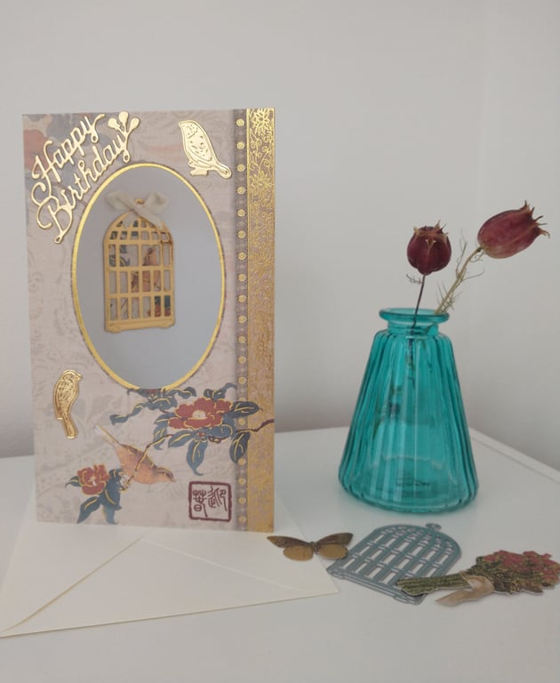 Birthday card - Gold cage & birds