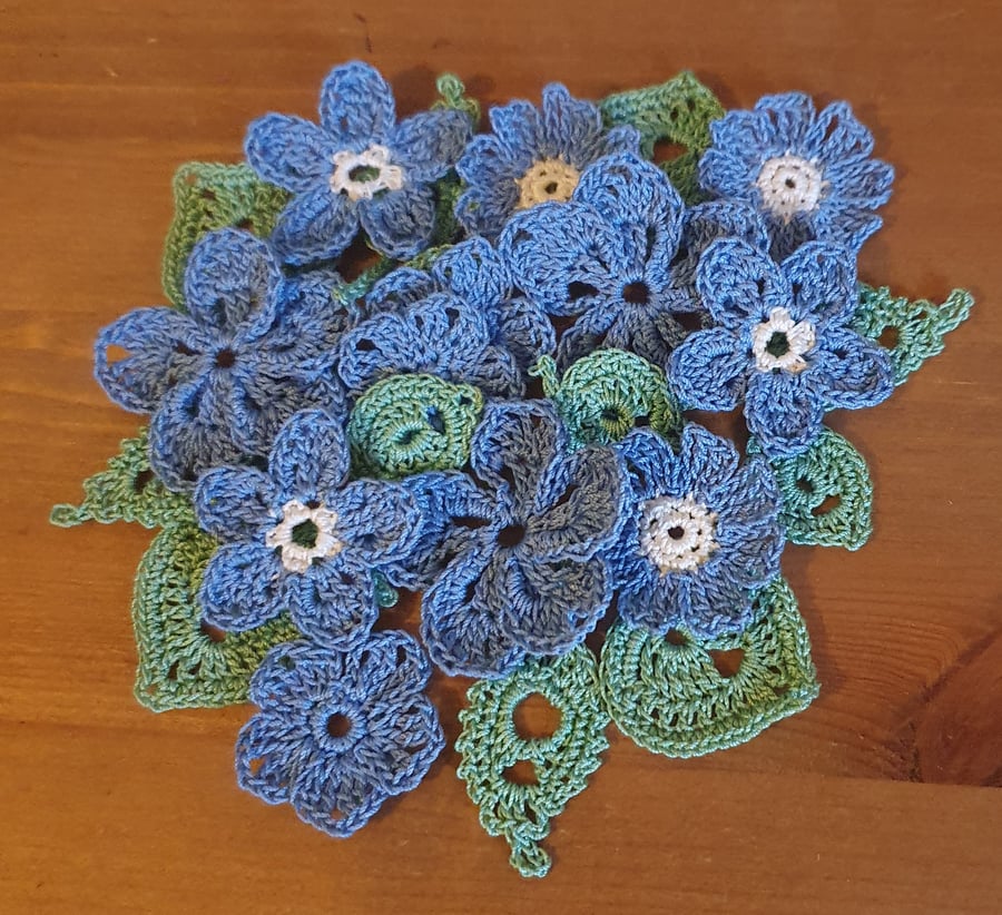 PACK of 24 FLOWER & LEAF EMBELLISHMENTS - BLUE & GREEN - CARDMAKING, SCRAPBOOKS