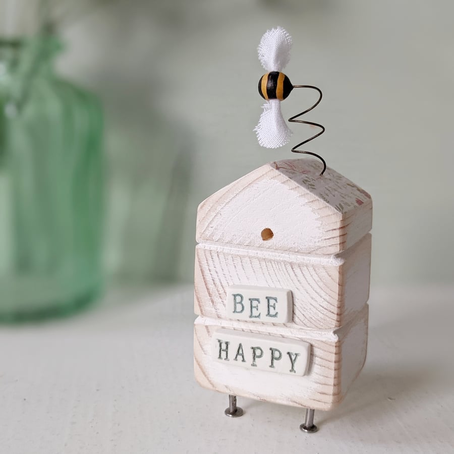 Wooden Beehive With Little Clay Bee 'Bee Happy'