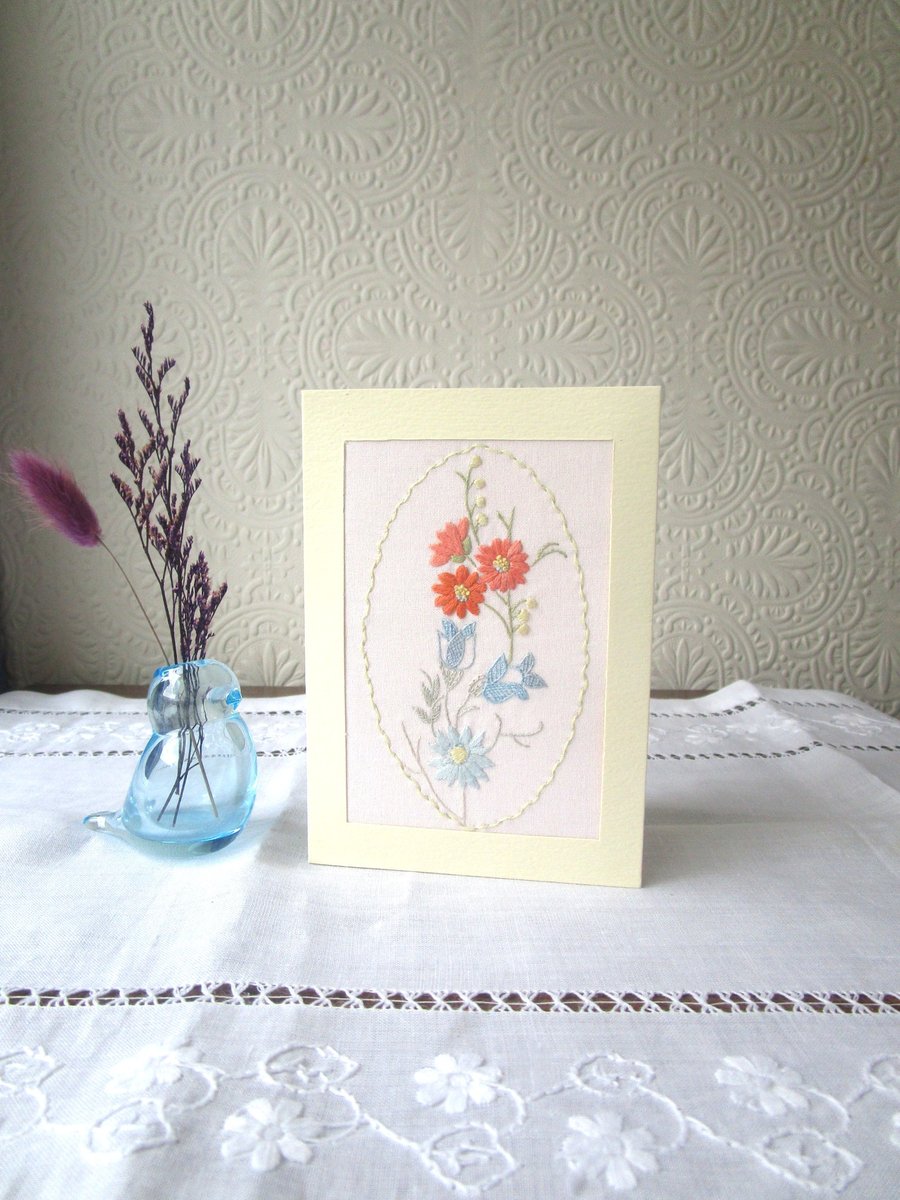 Hand-Embroidered Card – Vintage Style Orange & Blue Flowers