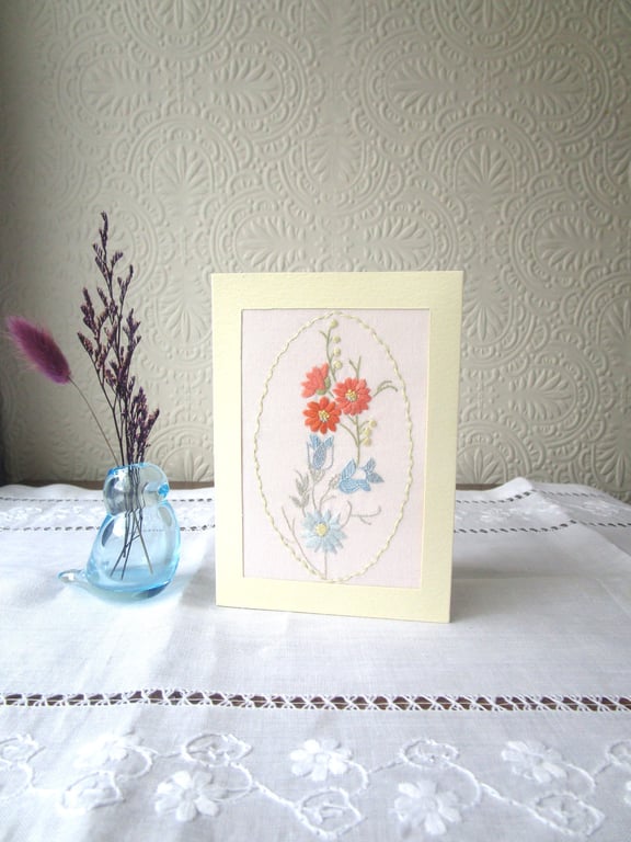 Hand-Embroidered Card – Vintage Style Orange & Blue Flowers