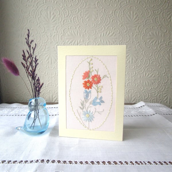 Hand-Embroidered Card – Vintage Style Orange & Blue Flowers