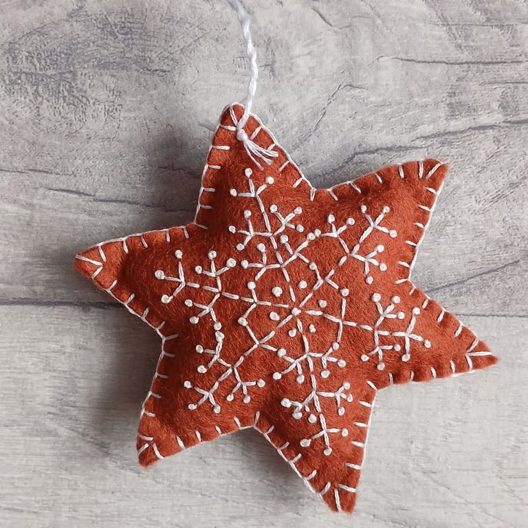 Hand Embroidered Felt 'Gingerbread' Snowflake Tree Decoration, Snowflake