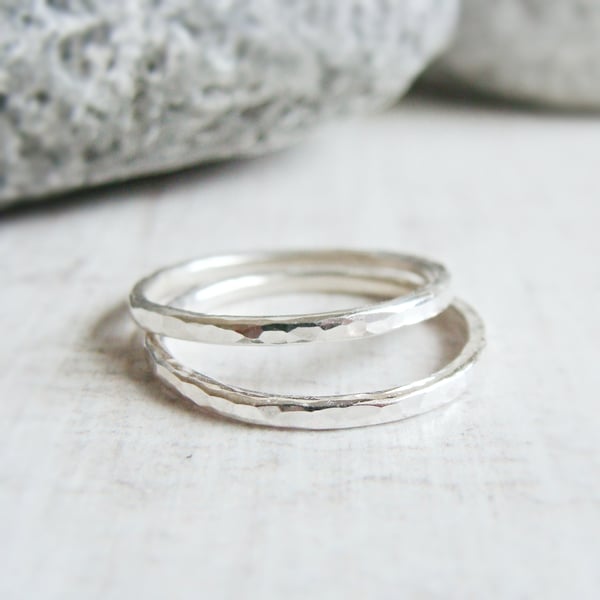 Set of 2 Hammered Sterling Silver Skinny Stacking Ring Bands