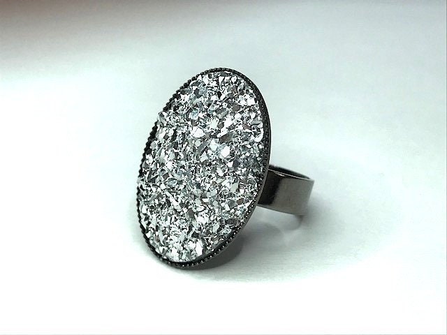 GLITTER RING faux druzy dark silver chrome base adjustable cocktail