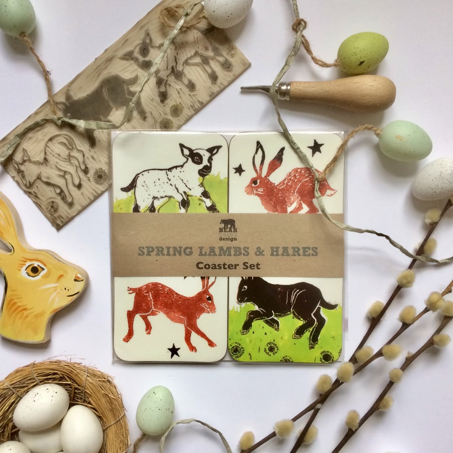 Spring Lambs & Hares Coaster Set