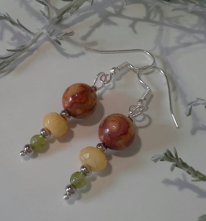 Agate, Peridot & Faceted Jade Earrings Silver Plate