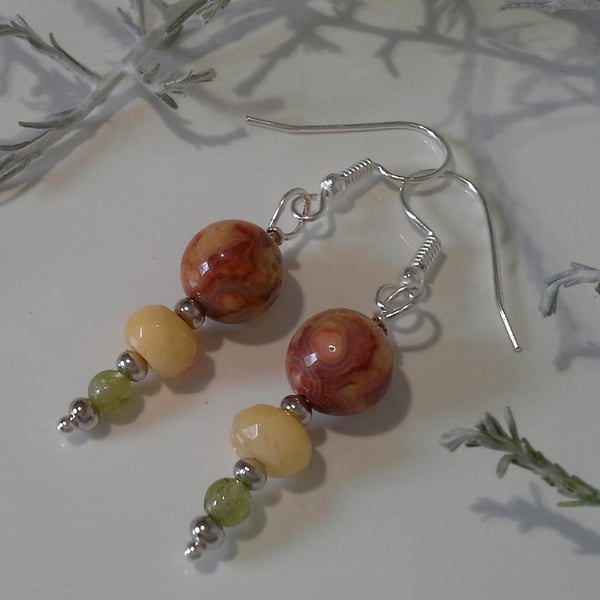 Agate, Peridot & Faceted Jade Earrings Silver Plate