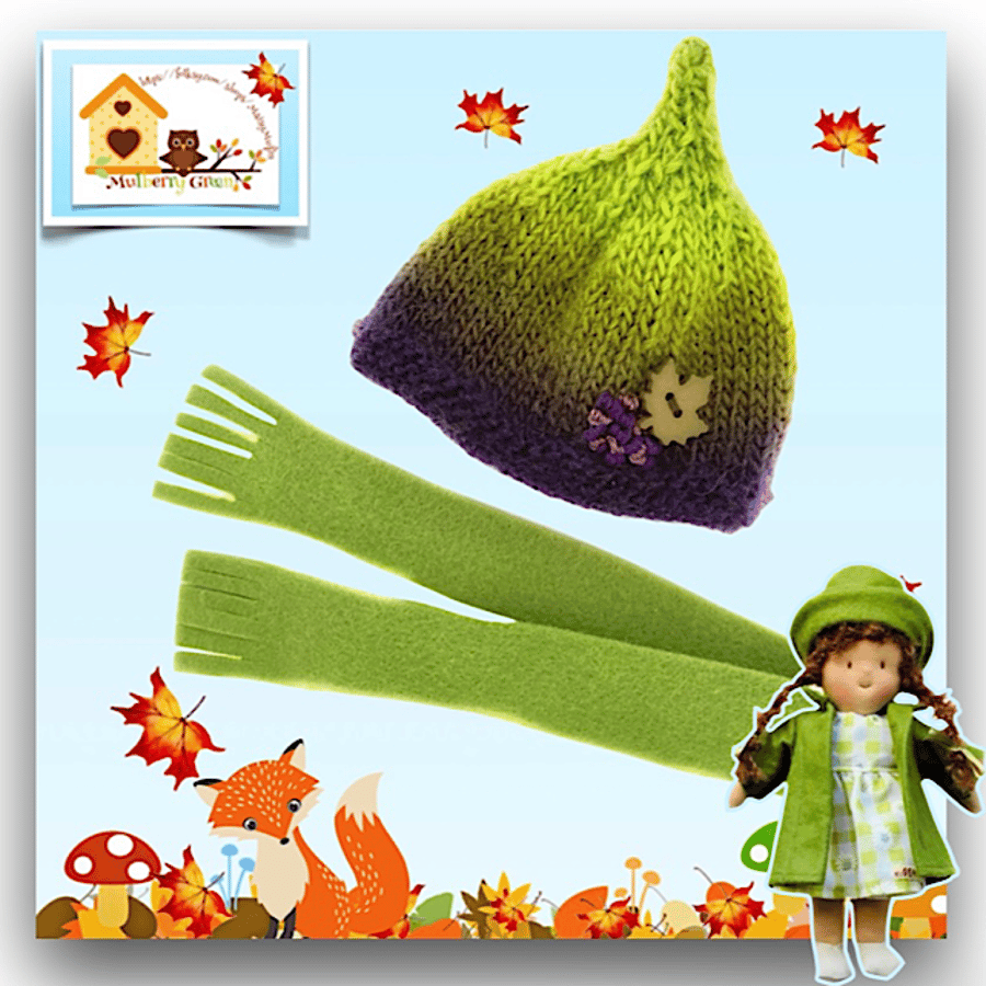 Green and Blackberry Shaded Pixie Hat and Scarf Set