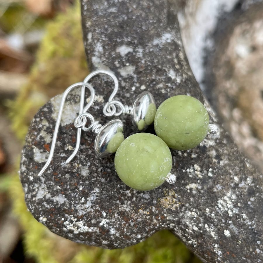 Silver and green opal bead earrings