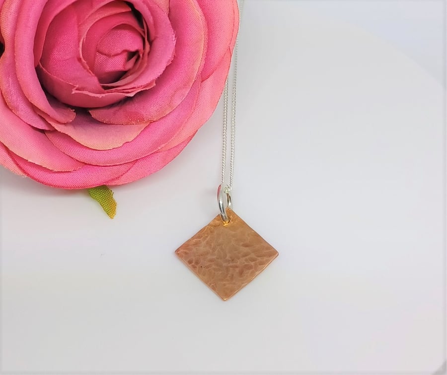Hammered Texture Copper Diamond Pendant, Sterling Silver Diamond Pendant, Copper