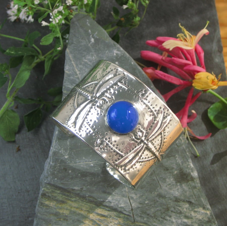 Dragonfly Cuff in Silver Pewter with Blue Agate