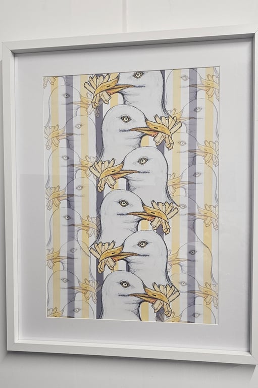 Seagull and chips yellow and grey striped art Print