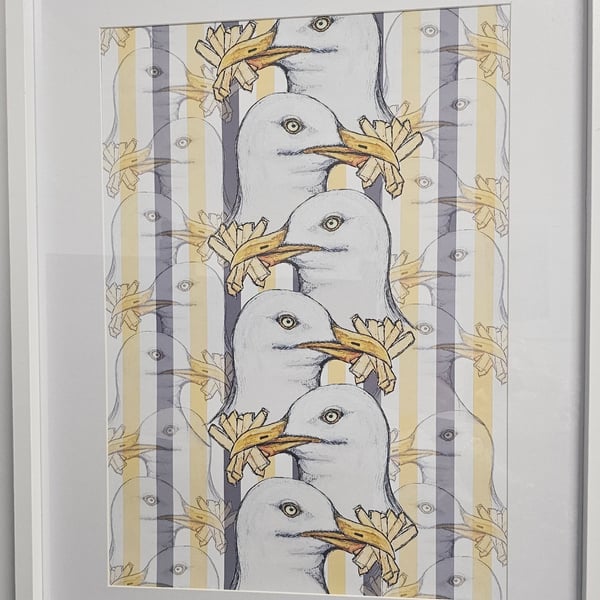 Seagull and chips yellow and grey striped art Print