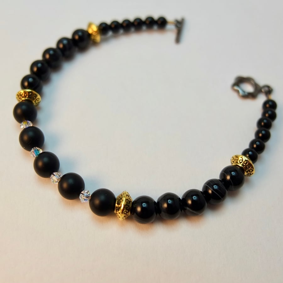 Black Onyx, Sardonyx And Swarovski Crystal Bracelet - Handmade In Devon