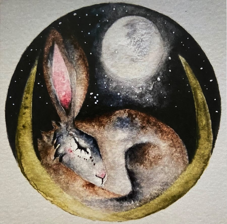Whimsical Resting Hare Rabbit under Full Moon Watercolour Print