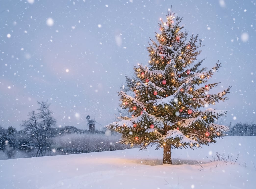 Windmill & Xmas Tree Norfolk Broads Winter Norfolk Christmas Greeting Card A5