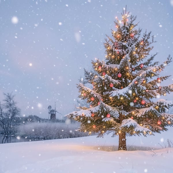Windmill & Xmas Tree Norfolk Broads Winter Norfolk Christmas Greeting Card A5