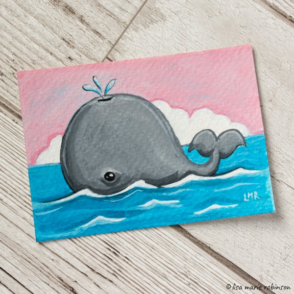 Whale Pink Skies Blue Seas - Original ACEO Painting